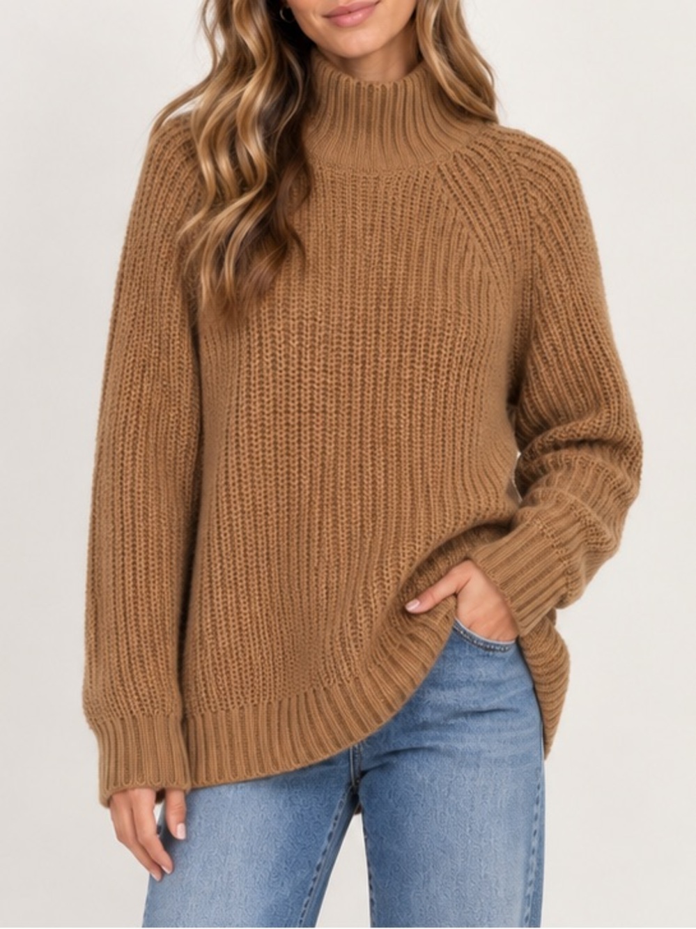 H&M Chunky Knit Turtleneck Sweater Oversized Camel Brown Tan Size XL